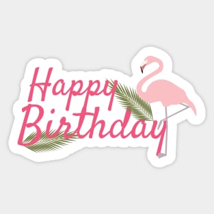 Happy Birthday Greeting, Light Pink Flamingo, Green Leaves and Text Sticker